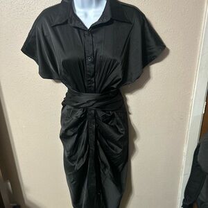 Sophisticated Black Draped Midi Dress